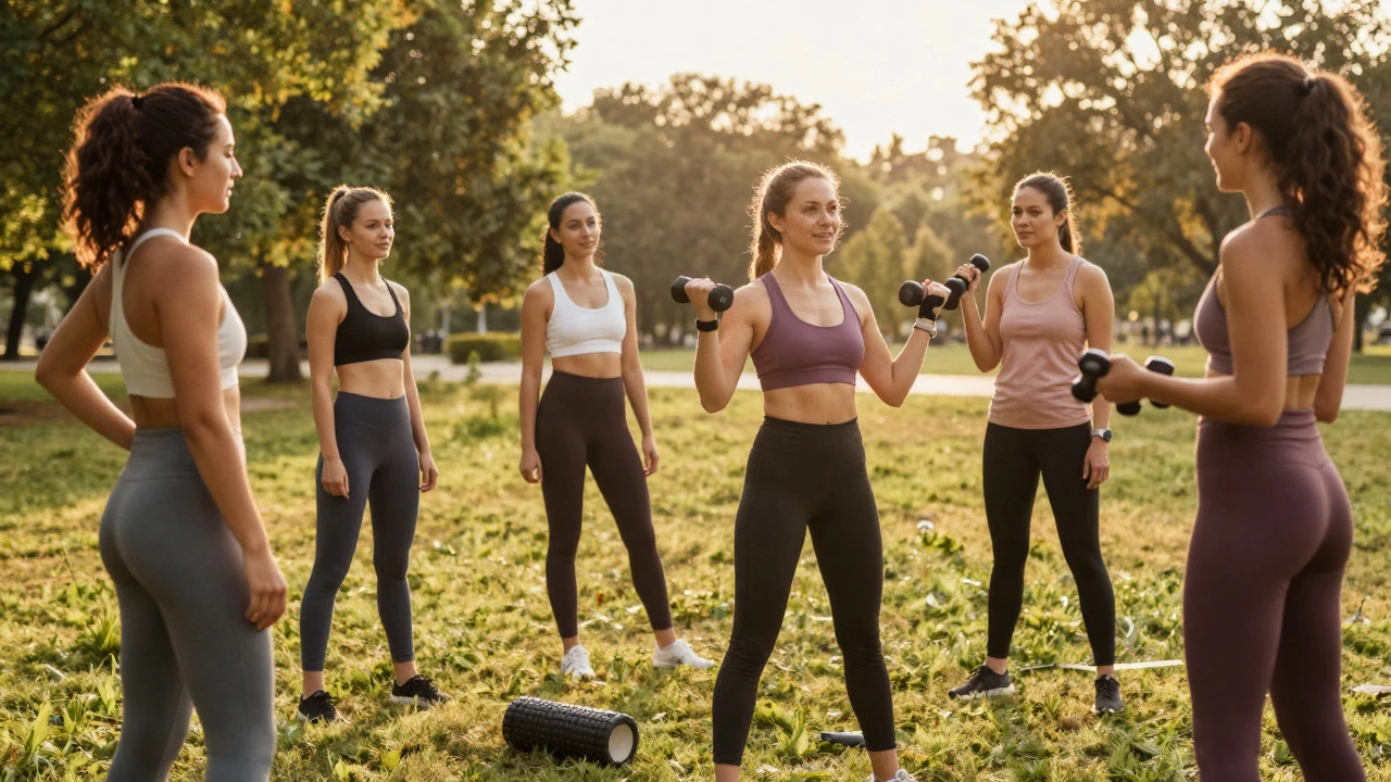 Group of female athletes training outdoors with tailored equipment and recovery tools.