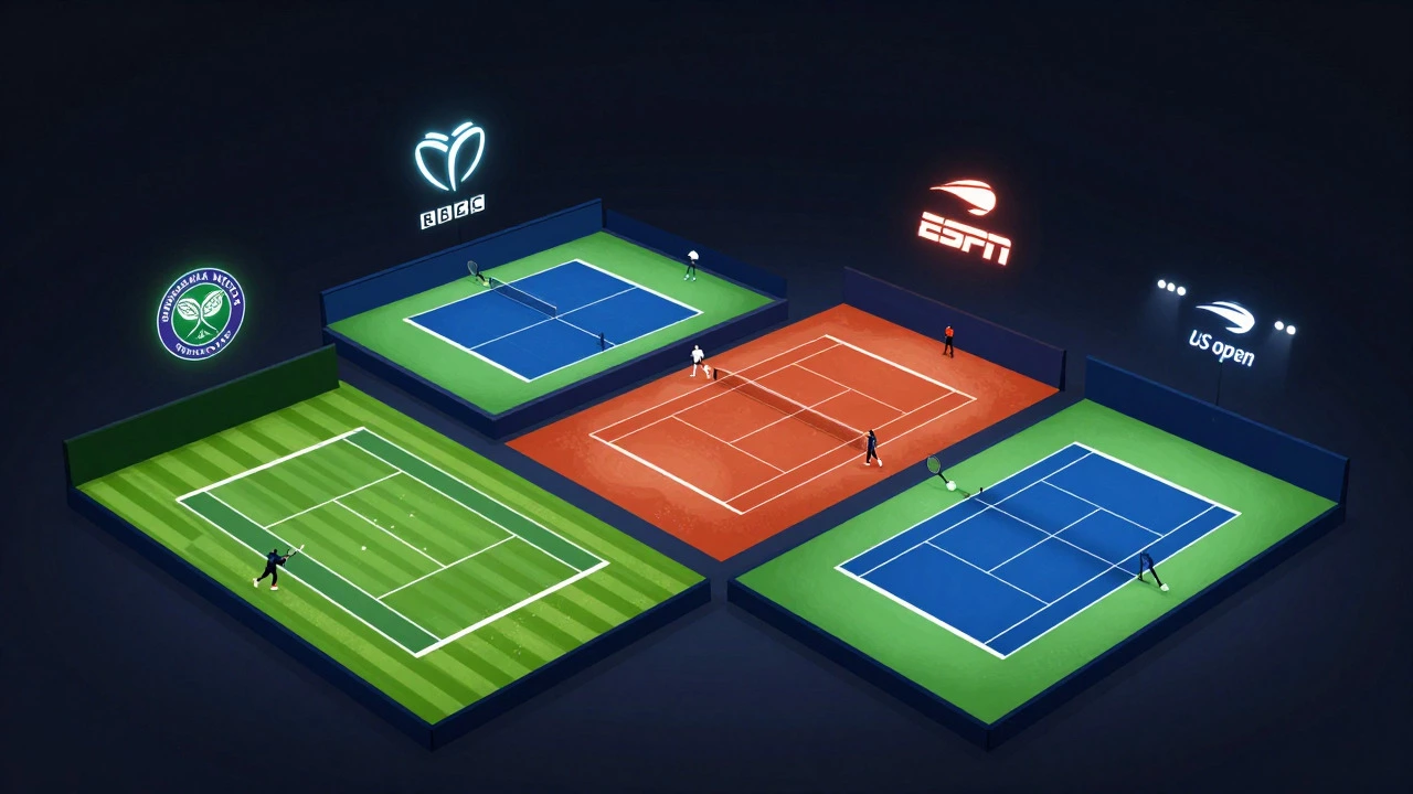 Illustration of four Grand Slam tennis courts with abstract broadcaster symbols above