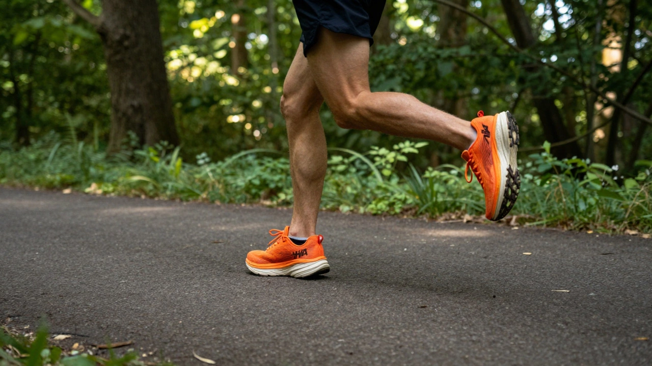 Runner gliding on a wooded trail wearing orange Hoka sneakers