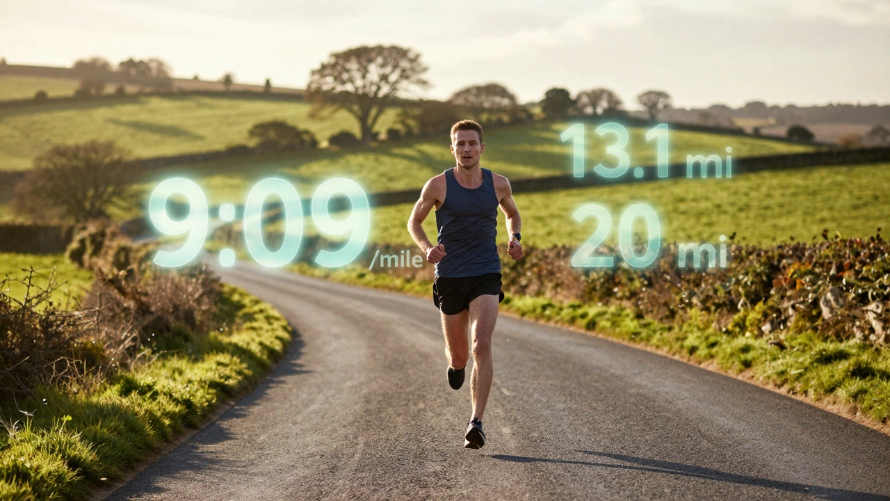 Runner on country road with floating pace numbers illustrating strategy