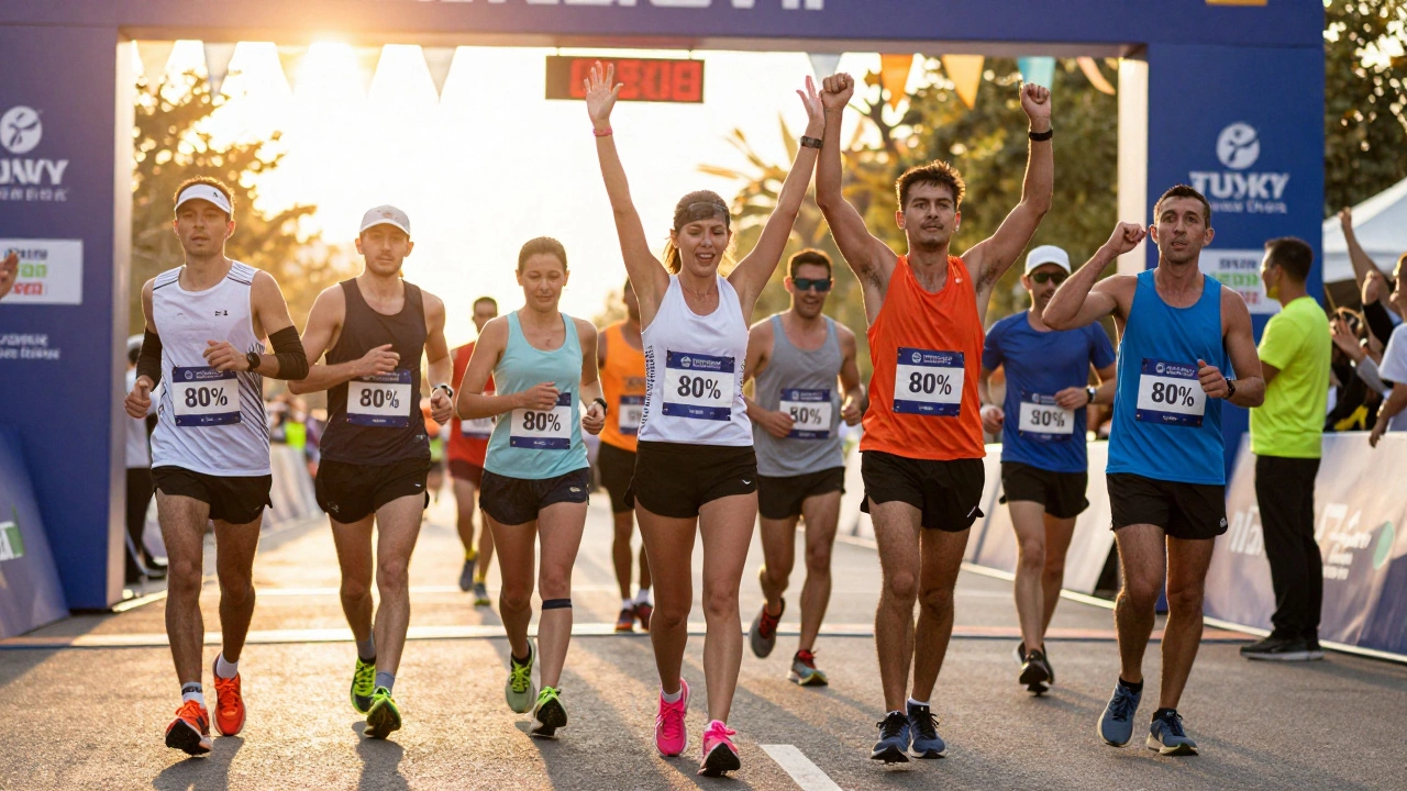 Runners celebrating as they cross the marathon finish line in golden light
