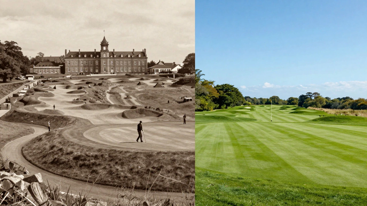 Split image comparing historic 19-hole course with modern layout