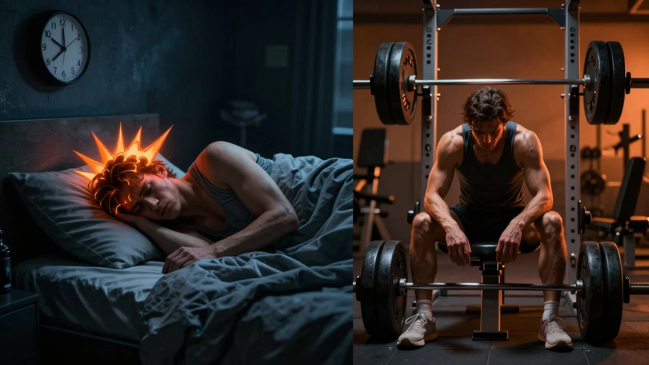 Split image showing sleep deprivation stress affecting gym performance
