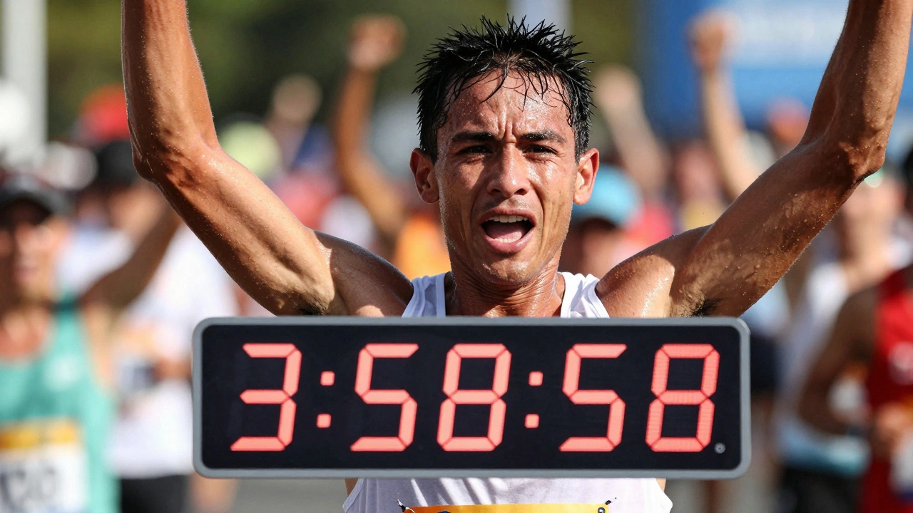 Triumphant runner crossing finish line under 4 hours