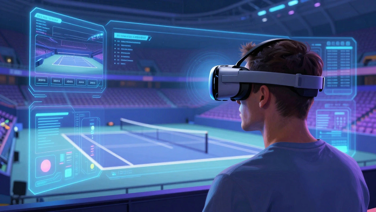 Viewer in VR headset watching tennis with holographic stats and AI interfaces