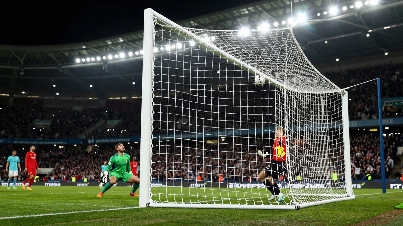A football player scoring a goal into the top corner of the net