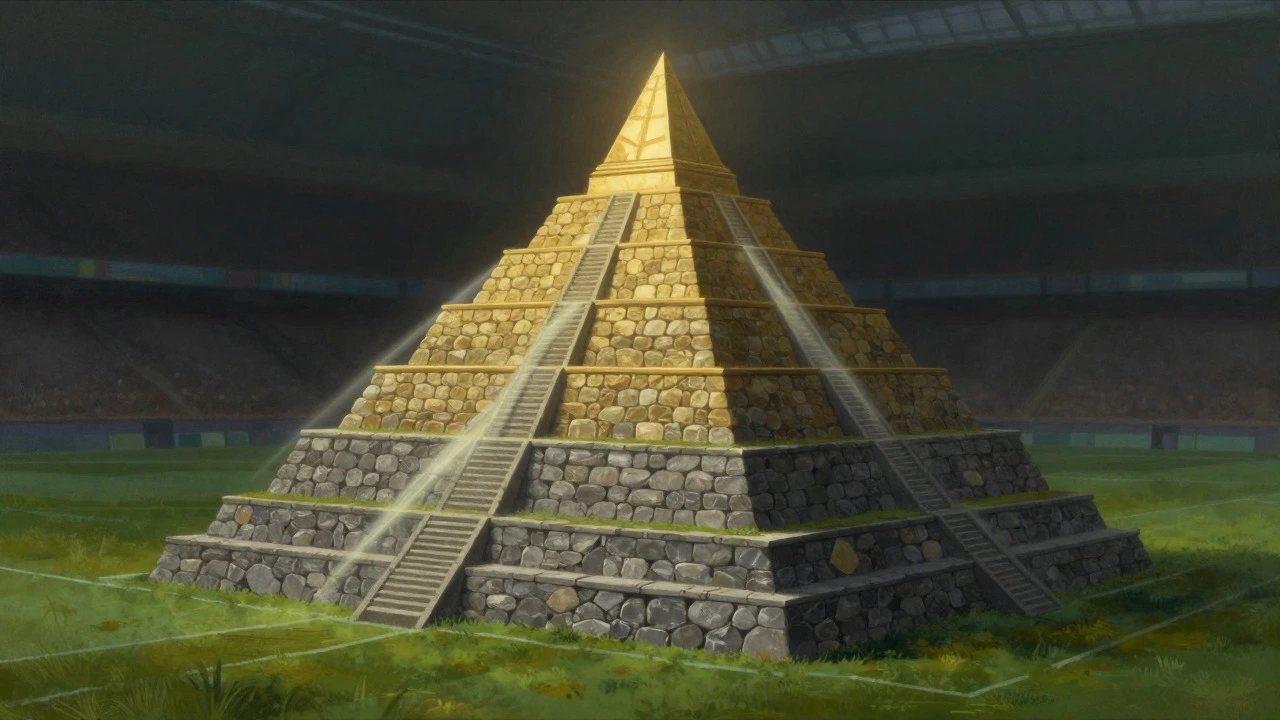 A stone pyramid structure representing the British football league hierarchy