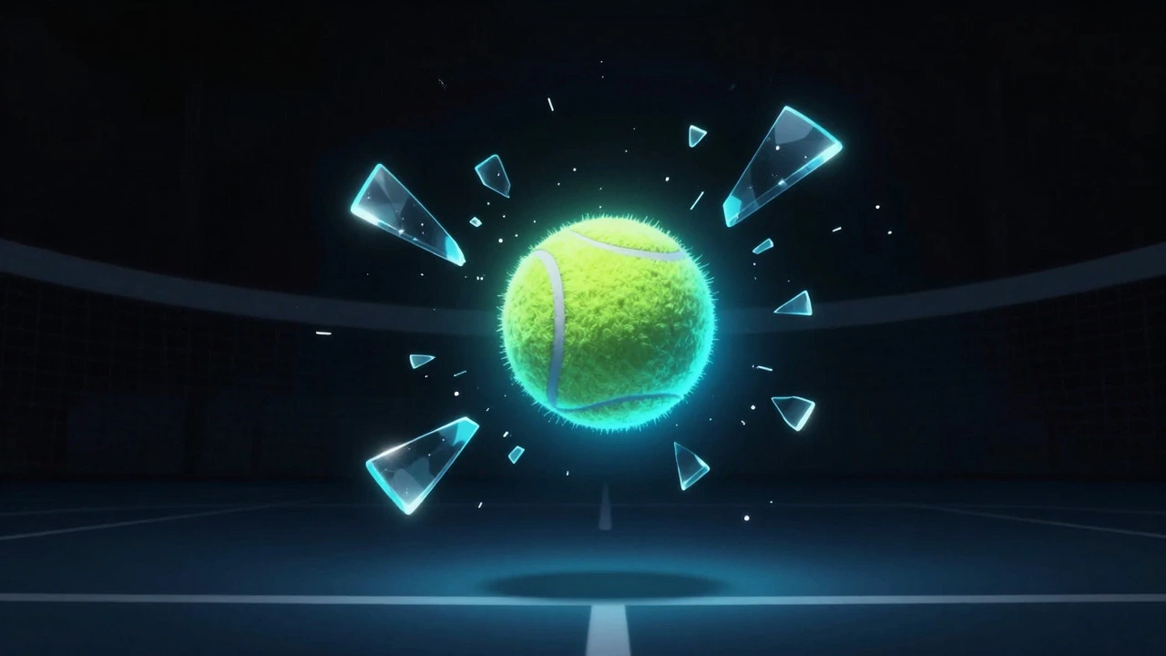 Abstract digital art of a glowing tennis ball surrounded by shattered glass fragments