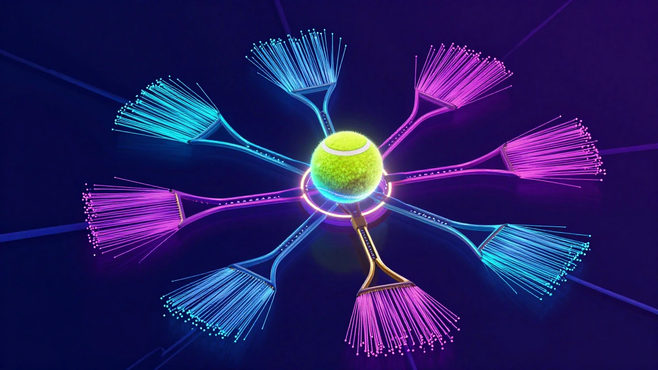 Abstract illustration of a tennis ball connected to streaming network nodes