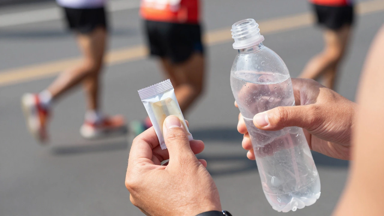 Close-up of a runner's hands holding an energy gel and water bottle mid-race