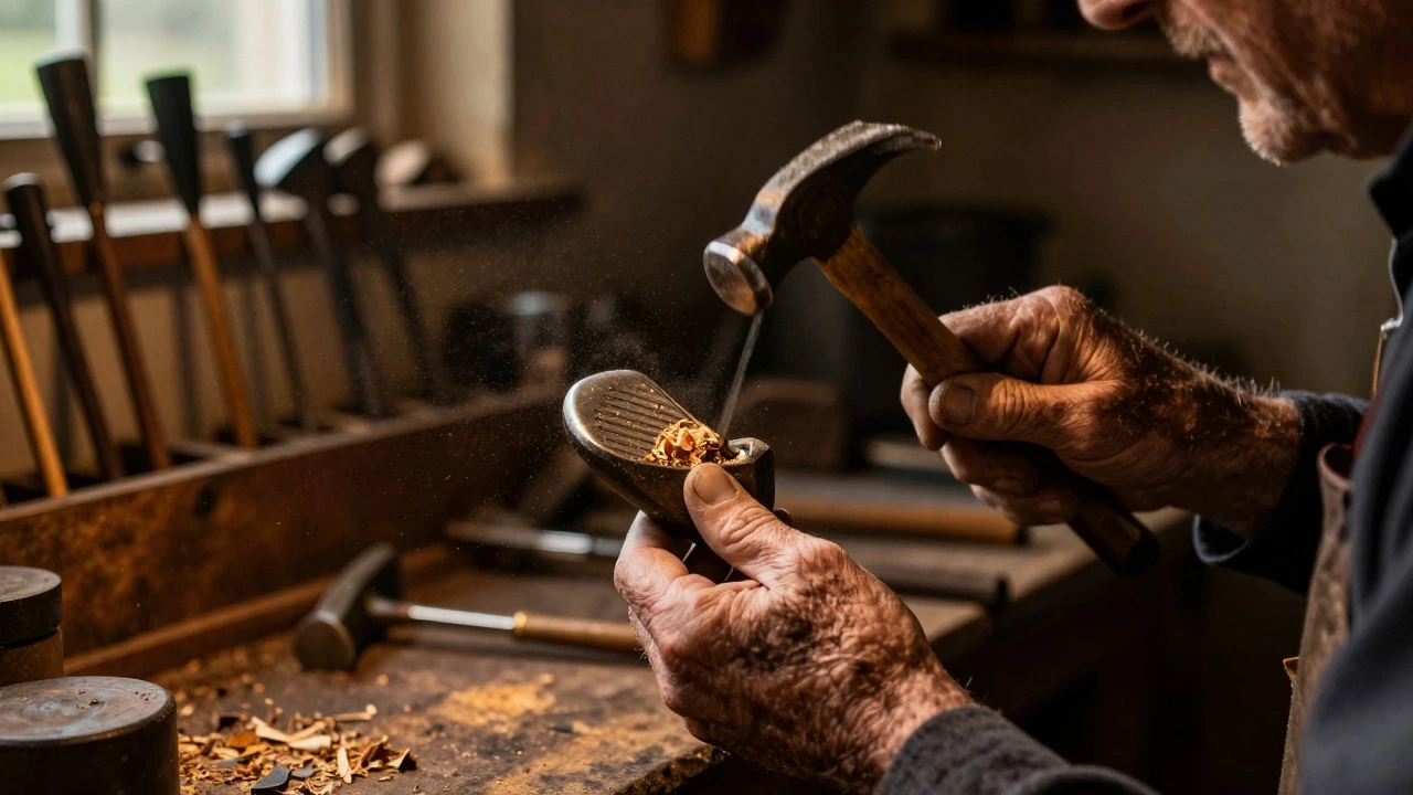 Close-up of hands crafting a vintage wooden golf club in a rustic workshop
