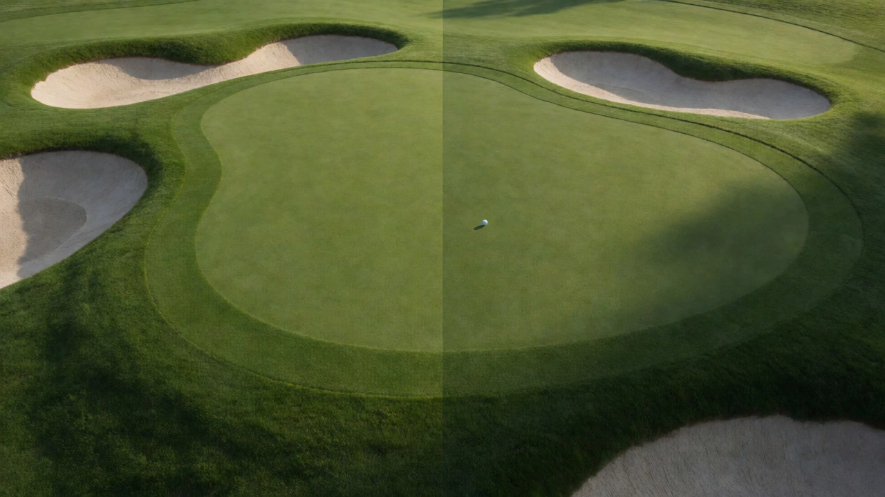Elevated view of a golf green contrasting historic and modern surfaces for par strategy.