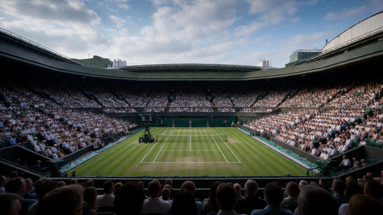Empty Centre Court at Wimbledon with spectators in stands