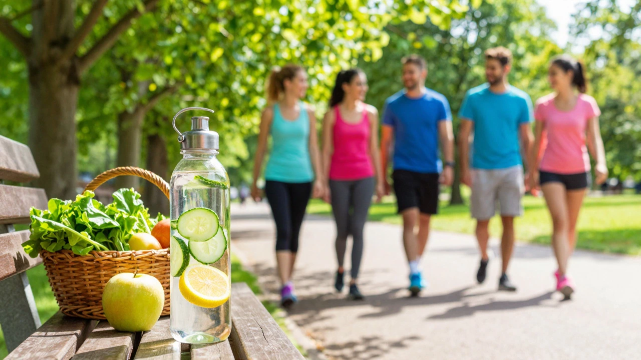 Friends walking in park with fresh food and infused water bottle