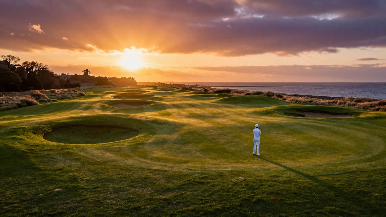 Golden hour view of the St Andrews Old Course with a golfer on the green