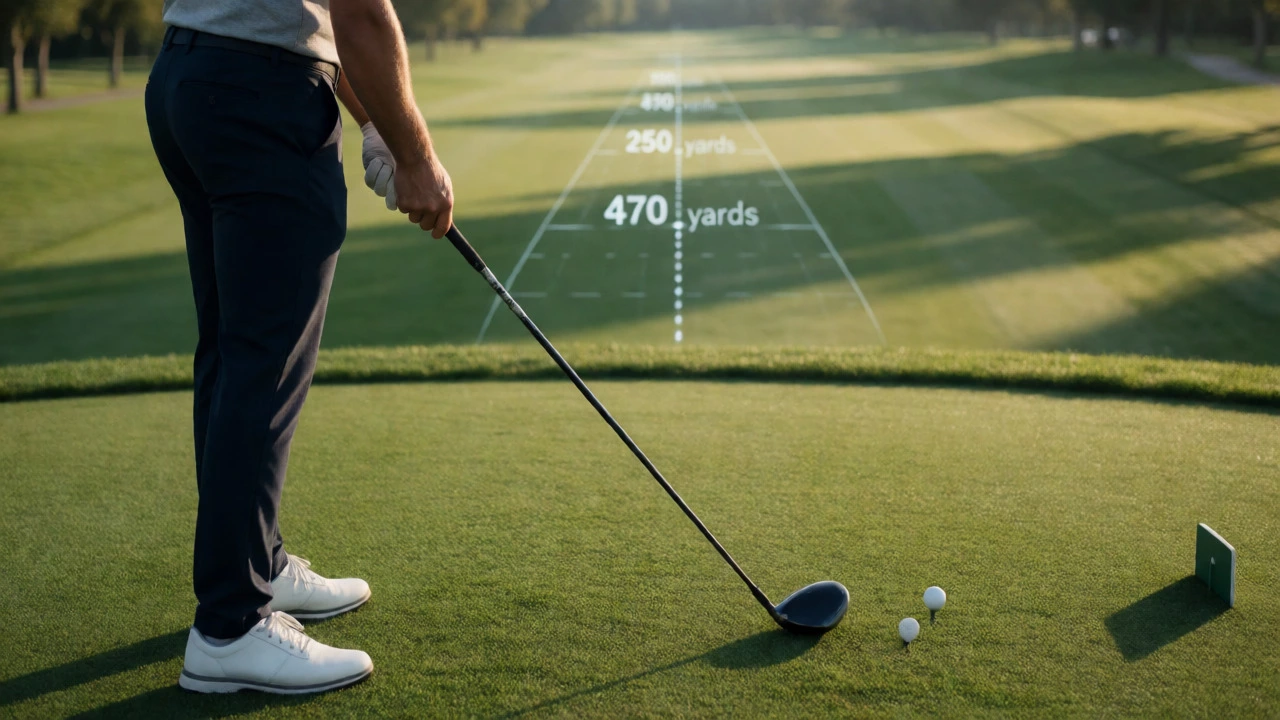 Golfer at dawn on a tee box overlooking a long fairway illustrating distance-based par.