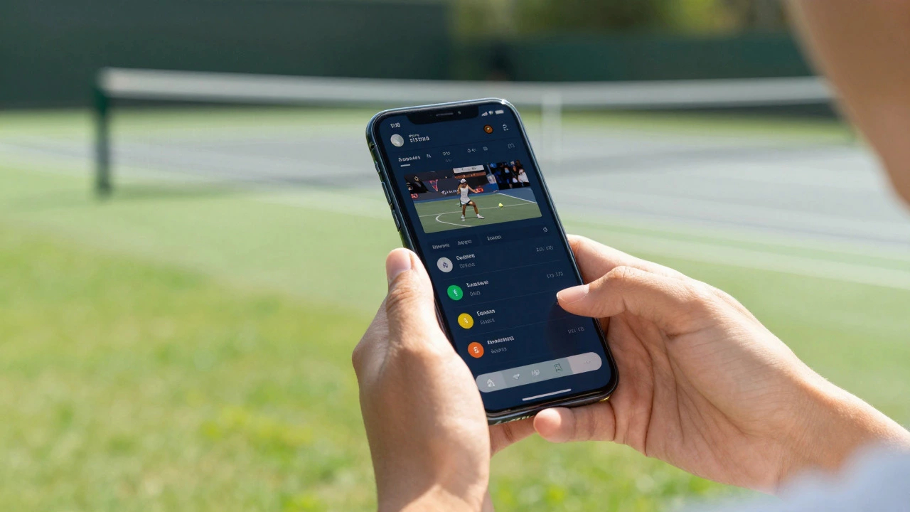 Hands holding a smartphone displaying tennis scores in a park
