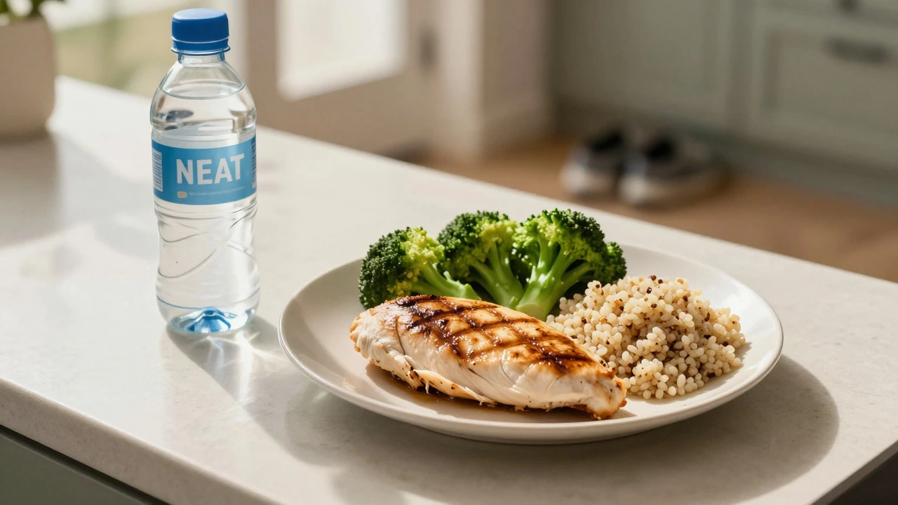 Healthy meal with chicken and vegetables next to walking shoes on kitchen counter