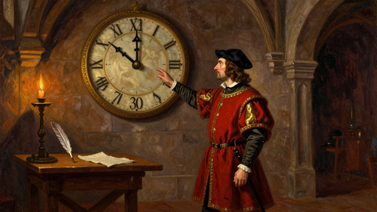 Historical painting showing a medieval figure explaining clock-based scoring concepts