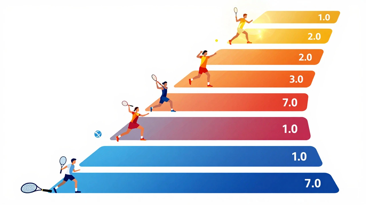 Illustrated ladder showing tennis skill progression from beginner to pro