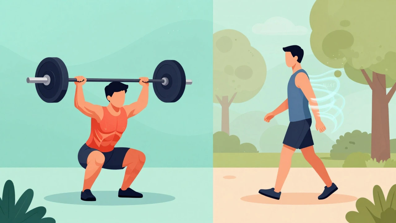 Illustration contrasting intense weightlifting with casual walking for calorie burn
