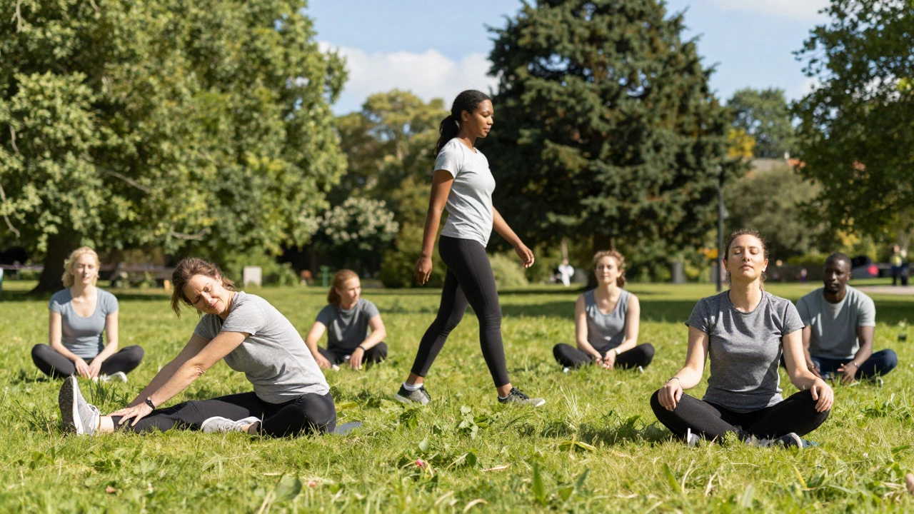 People stretching and walking in a sunny UK park for wellness