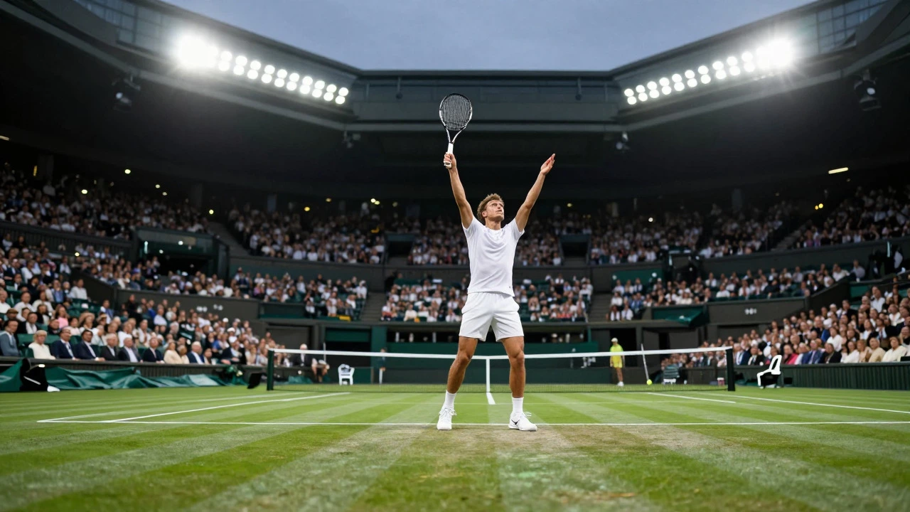 Professional tennis player serving under stadium lights at Grand Slam