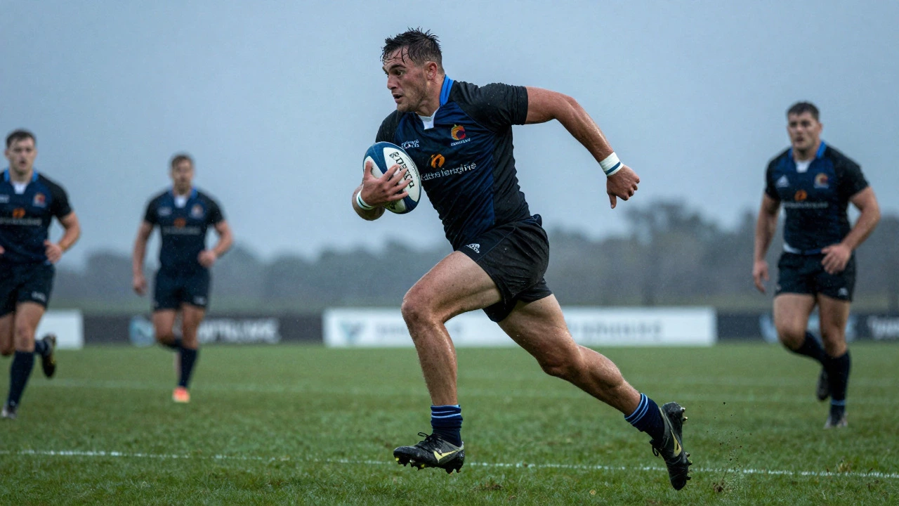 Rugby flanker sprinting intensely across the field during a match