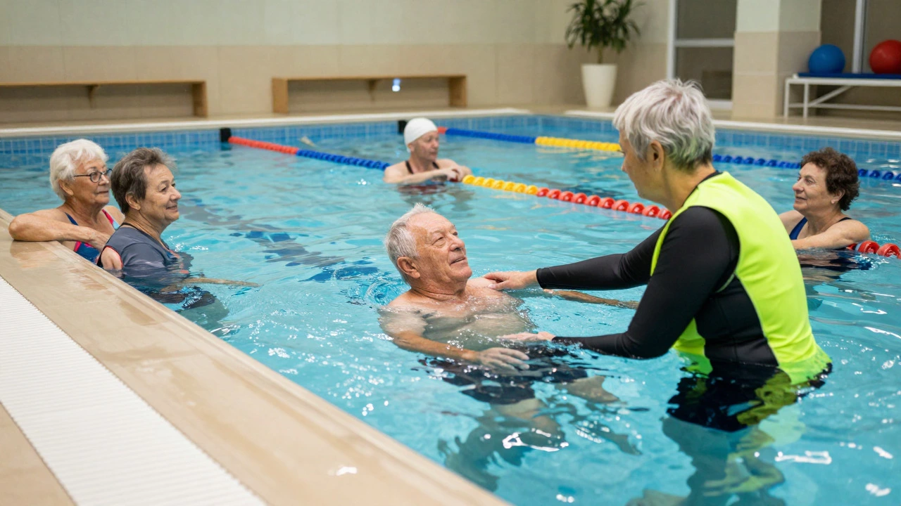 Seniors taking a supportive group swimming lesson