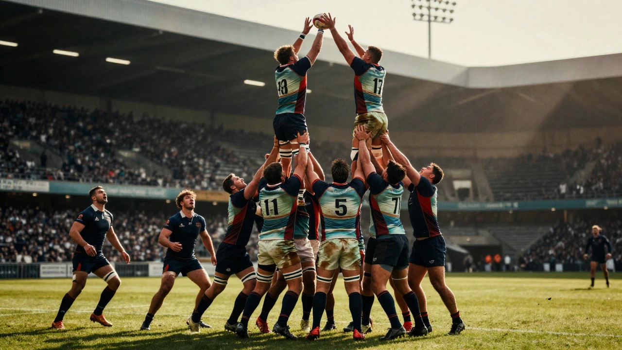 Tall lock forwards being lifted high in a contested rugby lineout