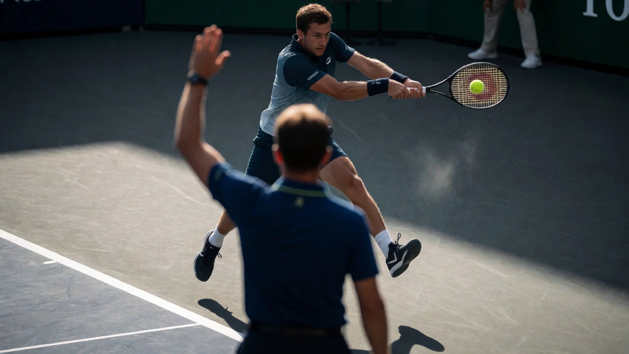 Tennis player hitting a forehand winner under stadium lights