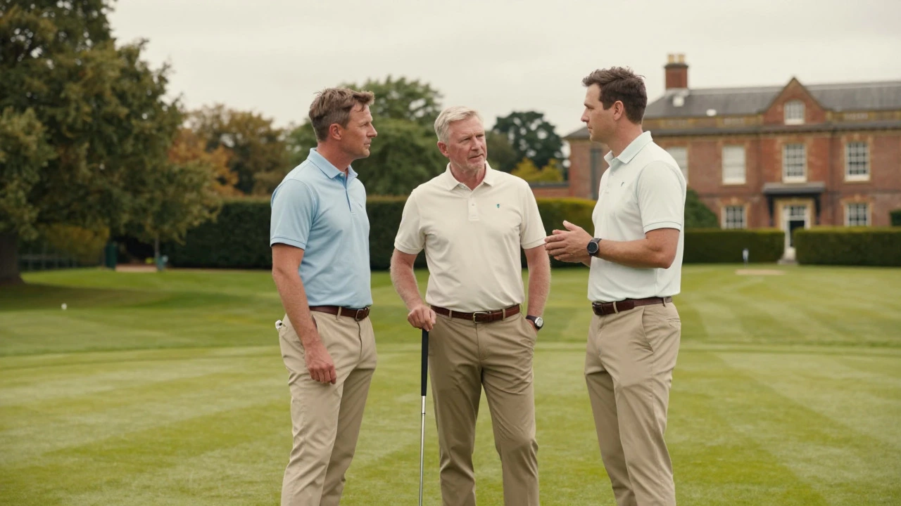 Three golfers chatting on a putting green at a private UK country club