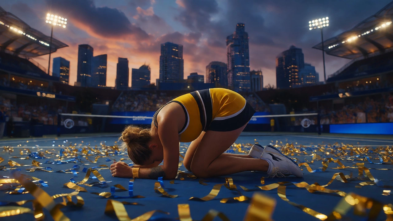 Aryna Sabalenka kneels in emotional celebration after winning the US Open amid falling confetti.