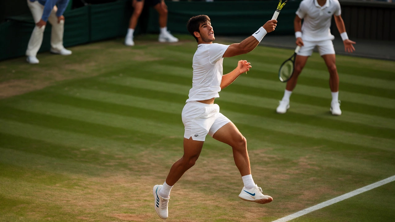 Carlos Alcaraz executes a powerful forehand during his Wimbledon title defense against Djokovic.