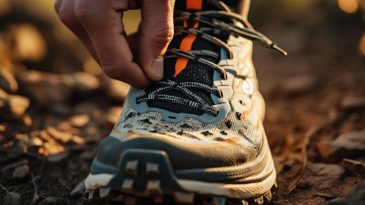 Close-up of hands adjusting laces on a Hoka Speedgoat trail shoe