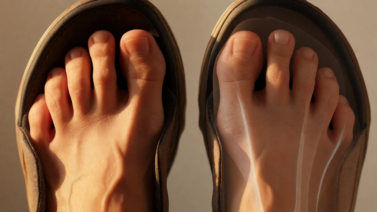 Close-up view of toes splaying inside a shoe demonstrating the need for adequate forefoot width and volume.