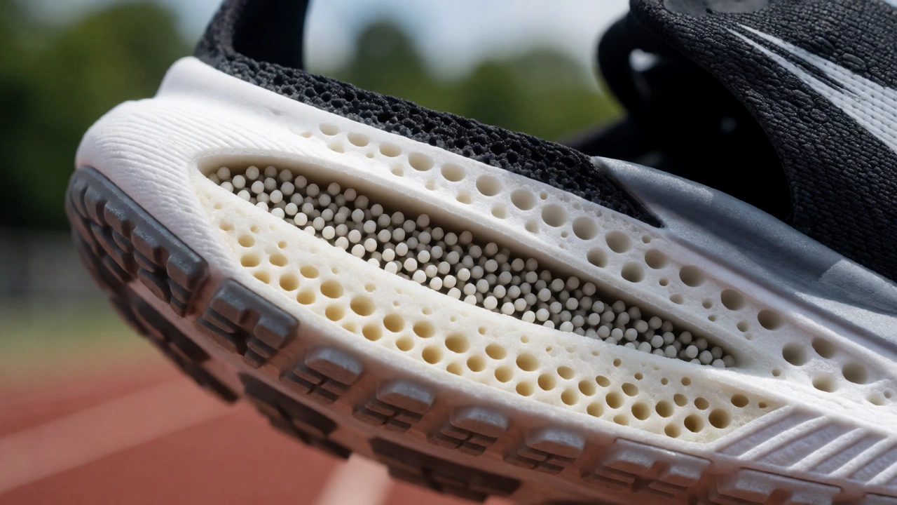 Cross-section of running shoe showing EVA and TPU foam layers