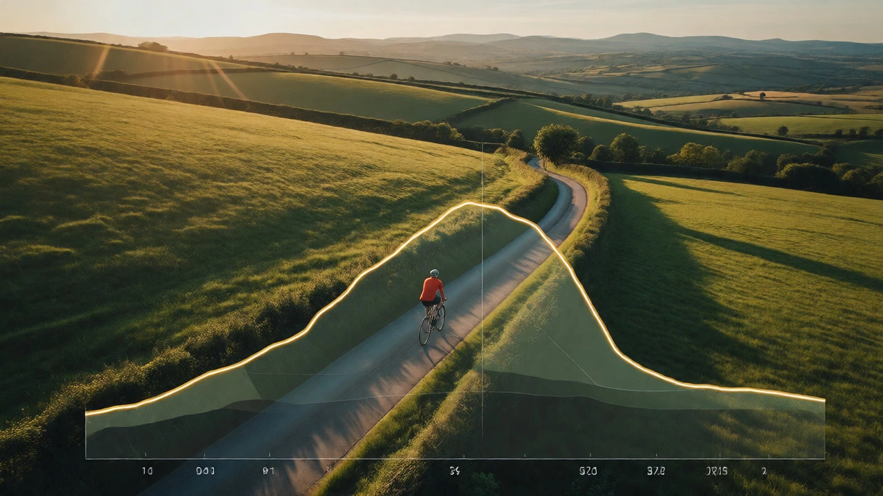 Drone view of a cyclist on a rural road with a digital elevation profile overlay