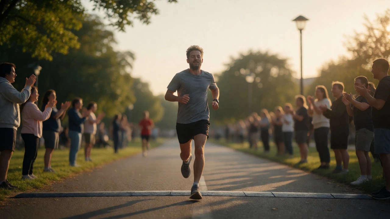 Exhausted runner crossing a finish line in golden light, depicting endurance and triumph.