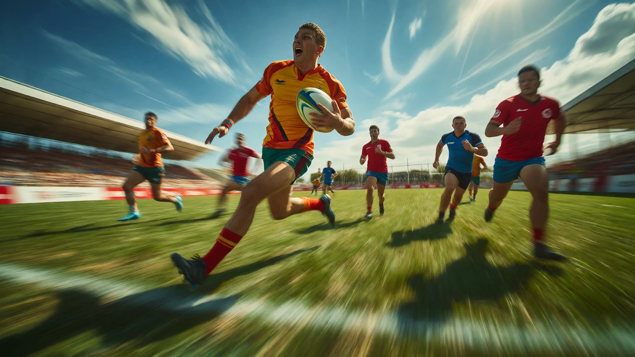 Fast-paced Rugby Sevens player sprinting towards the try line with high speed