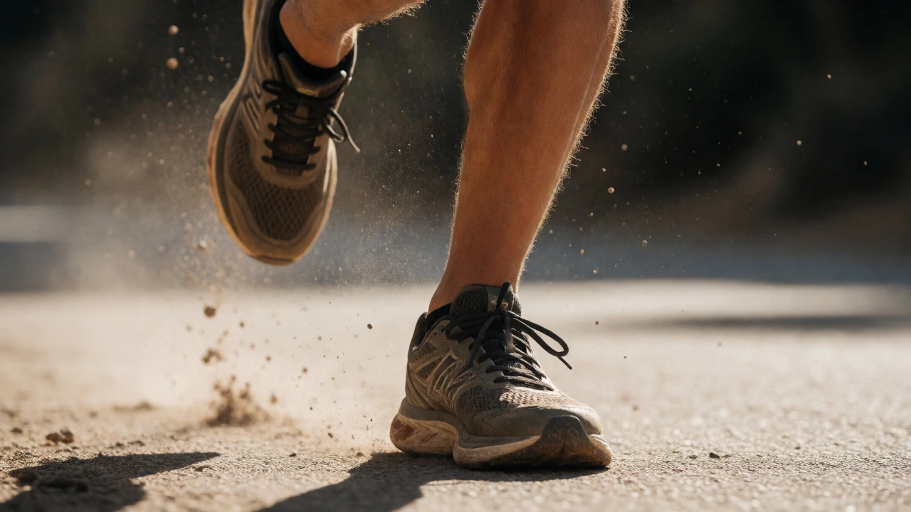 Macro shot of a runner's foot hitting pavement, illustrating impact stress on joints.