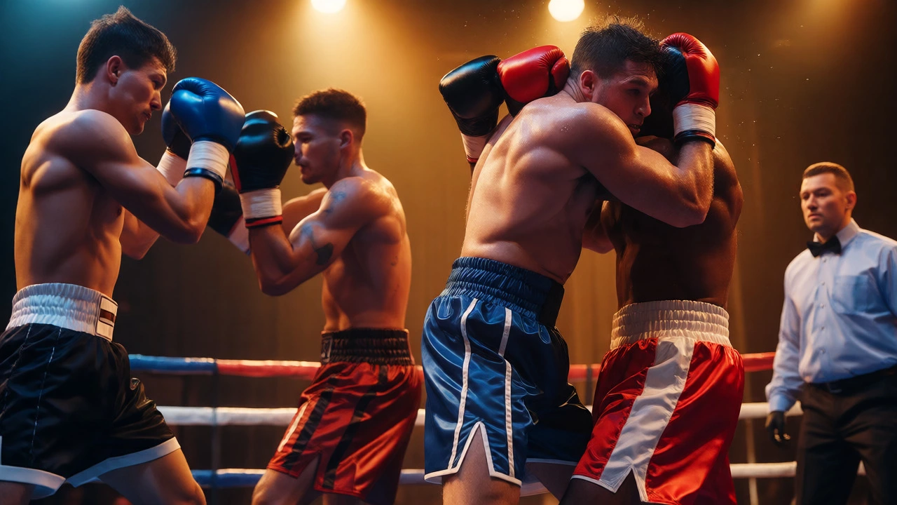 Main event boxers clashing in the ring with prelim fights visible in the background.