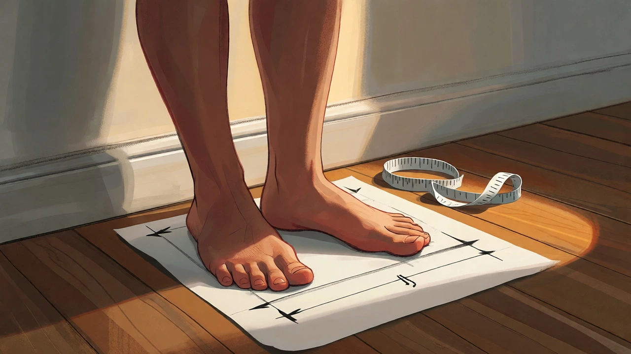 Person measuring their foot on paper against a wall to determine accurate shoe size using a pencil mark.
