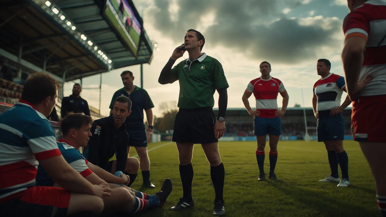 Referee consulting TMO during a pause in play while medical staff assist a player