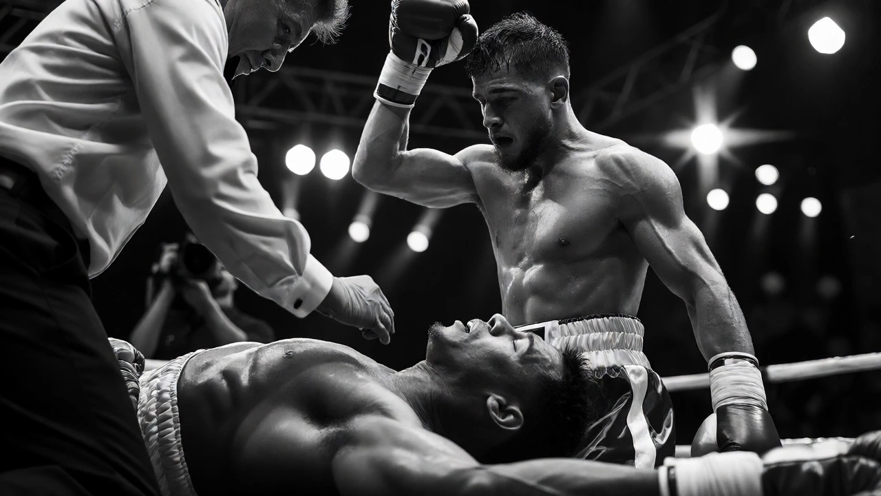 Referee signaling the end of a bout as one boxer falls and the other celebrates.