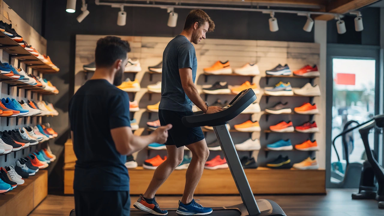 Runner receiving gait analysis at a specialty running shoe store