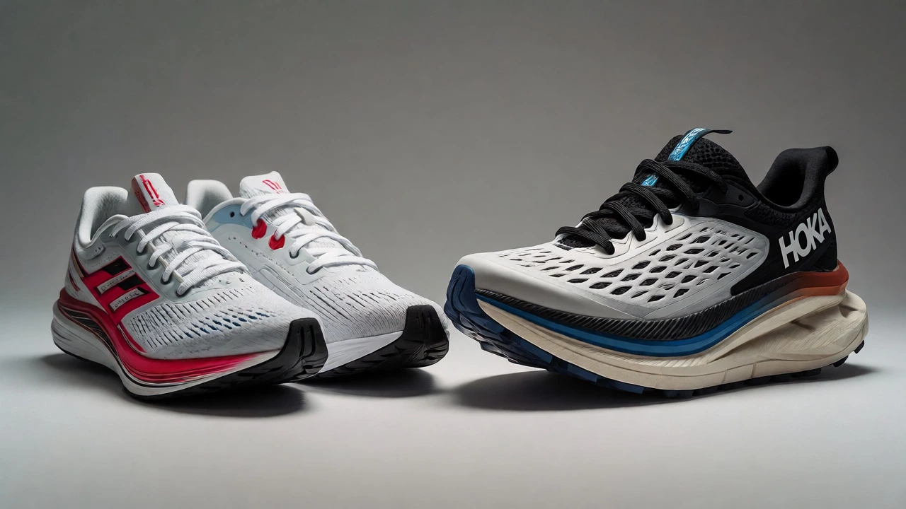 Side-by-side comparison of slim racing flat and thick-soled Hoka Bondi