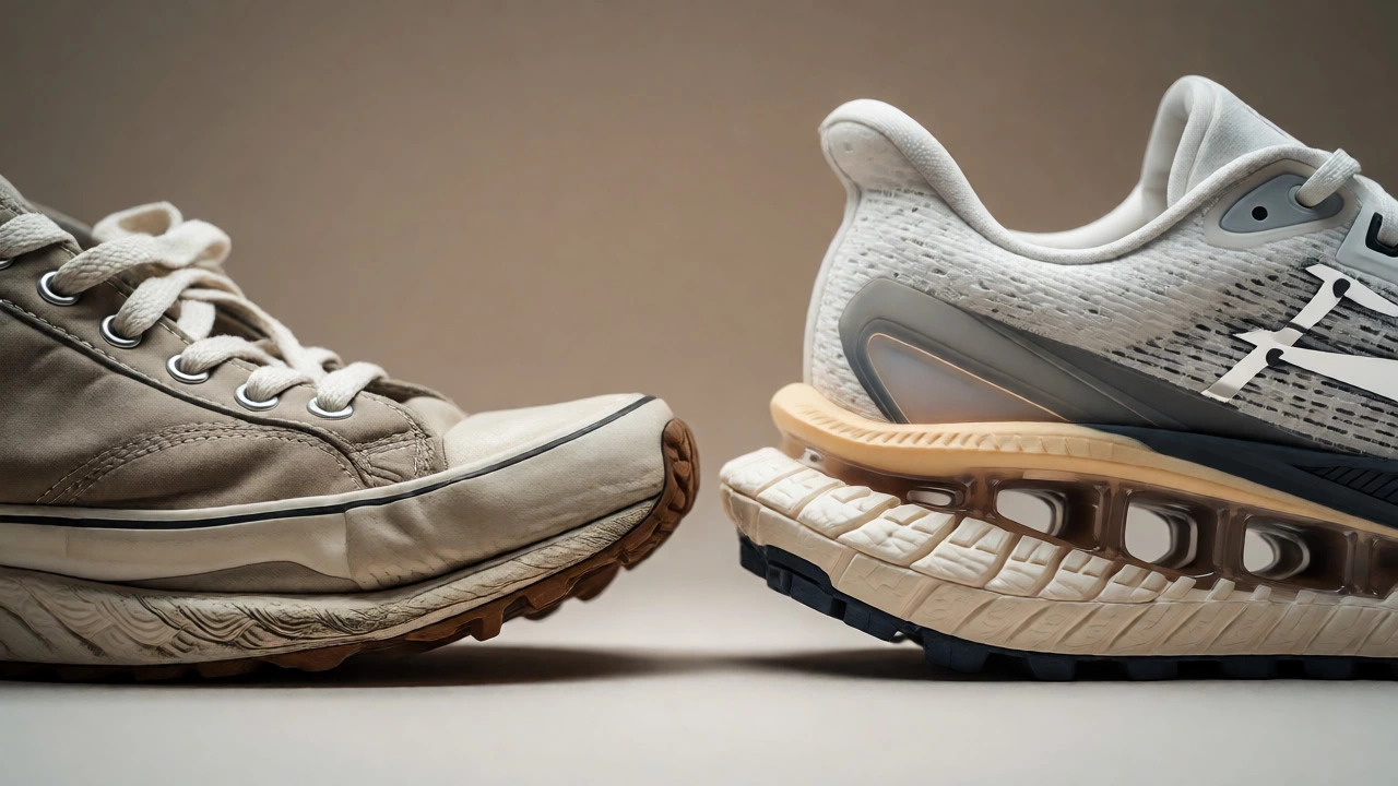 Side-by-side comparison of worn casual sneaker and new running shoe