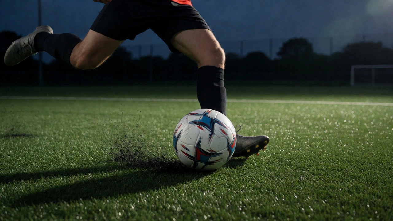 Soccer player kicking a polyurethane ball on artificial turf