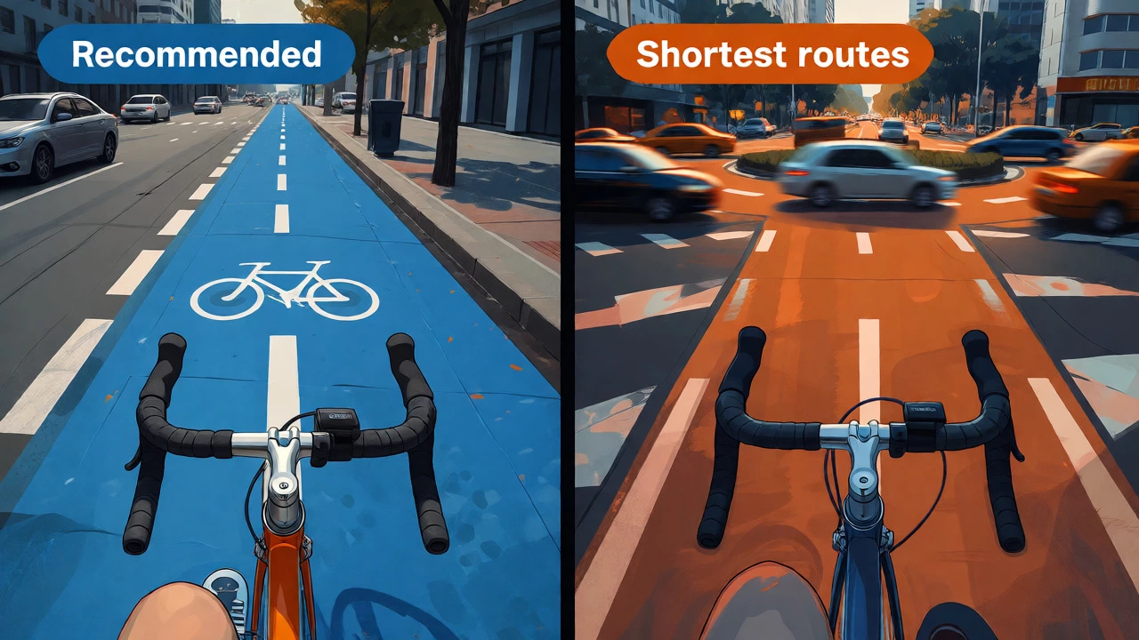 Split-screen comparison of a safe bike lane versus a dangerous city roundabout